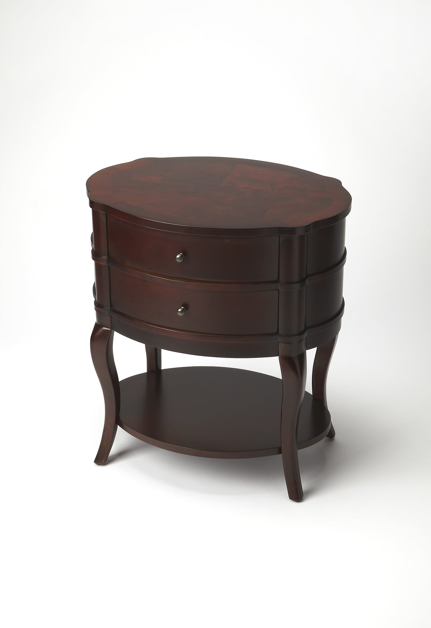 Butler Specialty Company Jarvis 24 in. W Oval Wood 2 Drawer Side Table with Lower Open Shelf, Dark Brown