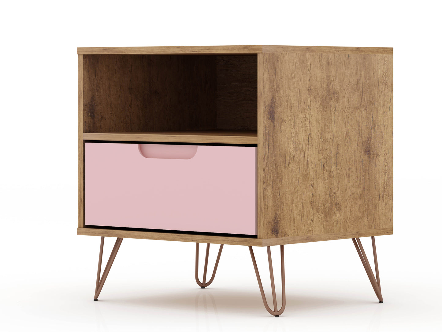 Manhattan Comfort Rockefeller 1.0 Mid-Century- Modern Nightstand with 1-Drawer in Nature and Rose Pink 101GMC6