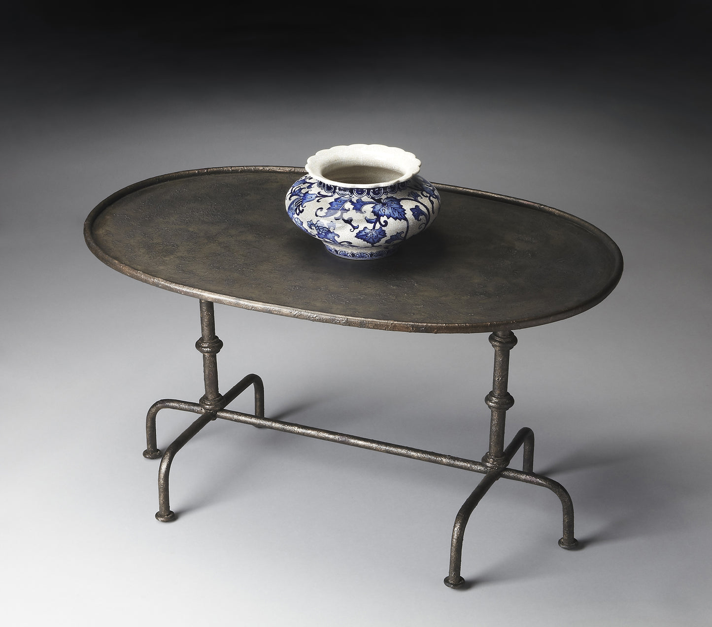 Butler Specialty Company Kira 38 in. W Oval Metal Industrial Coffee Table with Tray Top Edging, Silver
