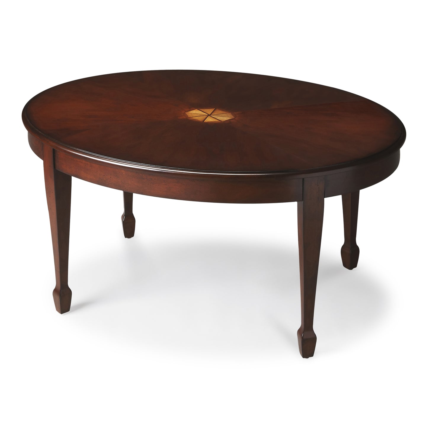 Butler Specialty Company Clayton 38 in. W Oval Wood Coffee Table with Veneer Linen-Fold Inlay, Dark Brown