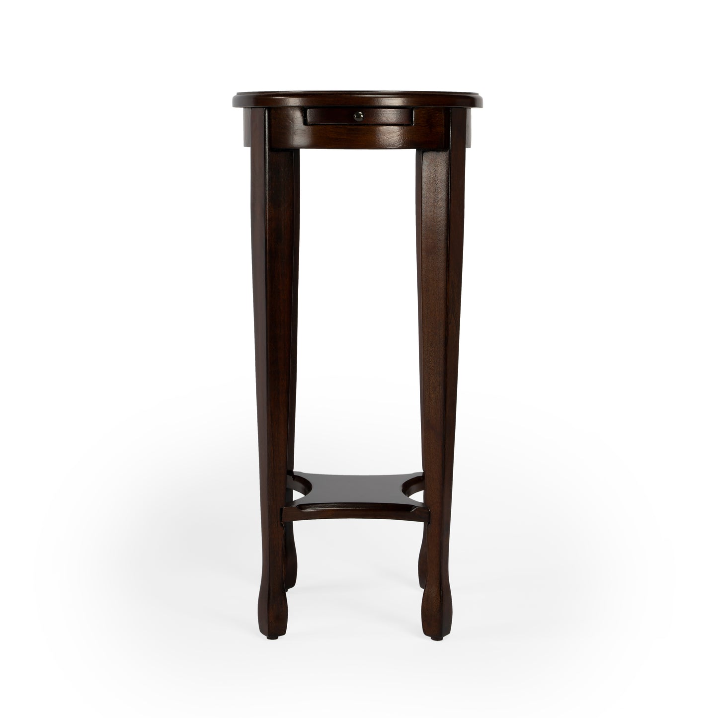 Butler Specialty Company Arielle 12.5 in. W Round Wood Petite Side Table with Pull-Out Tray and Lower Open Shelf, Dark Brown