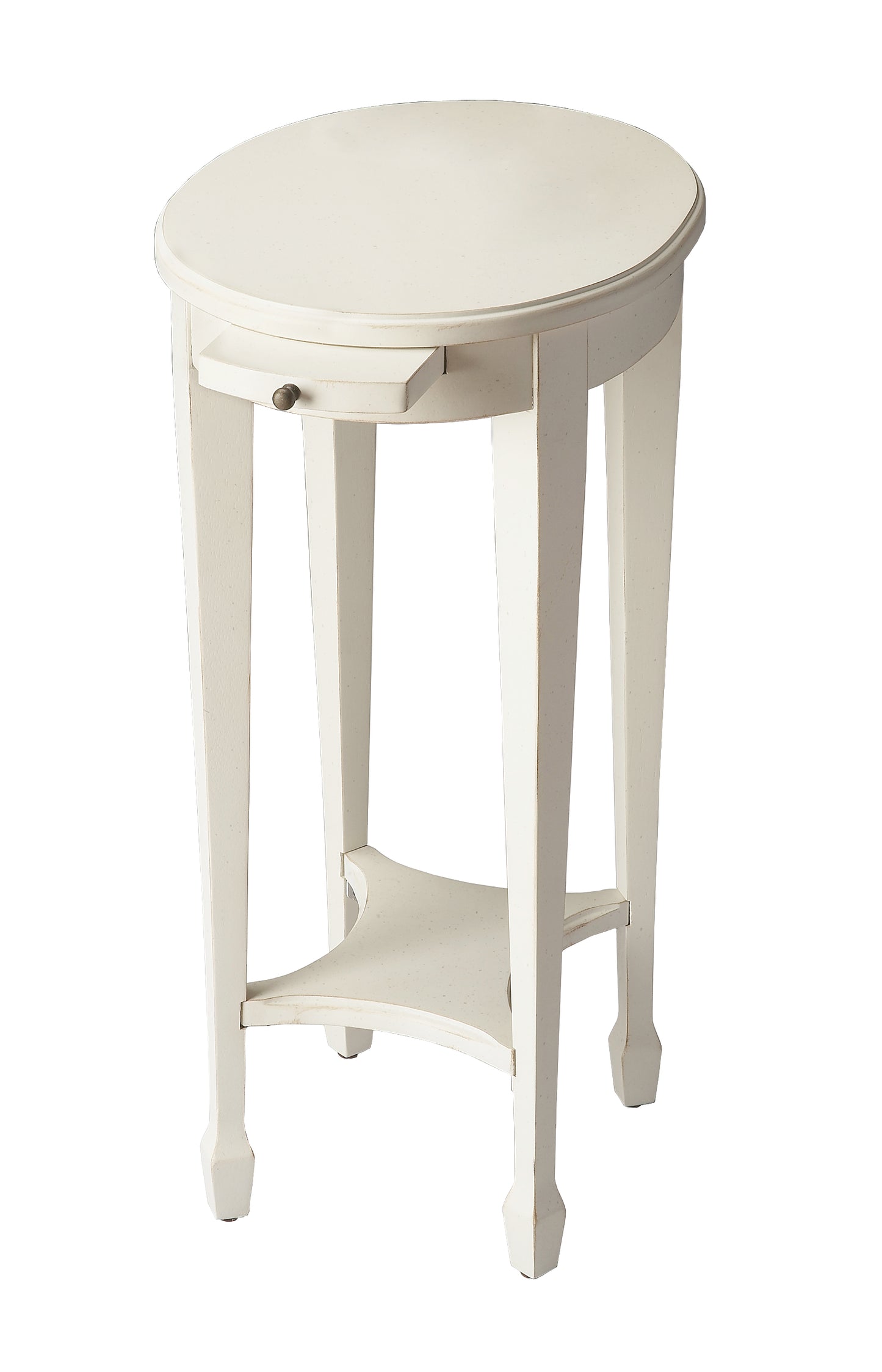 Butler Specialty Company Arielle 12.5 in. W Round Wood Petite Side Table with Pull-Out Tray and Lower Open Shelf, White
