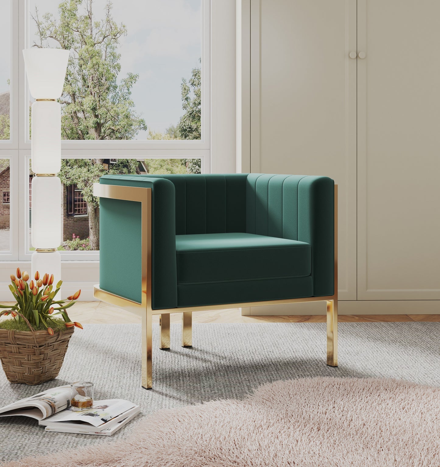 Manhattan Comfort Paramount Forest Green and Polished Brass Velvet Accent Armchair (Set of 2) 2-AC053-GR