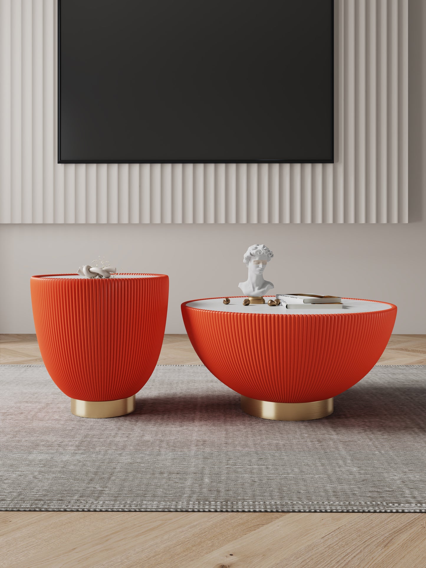 Manhattan Comfort Modern Anderson Coffee Table and End Table 2.0 Upholstered in Orange Leatherette with Ceramic Faux Tabletop - Set of 2 2-AT01-OR