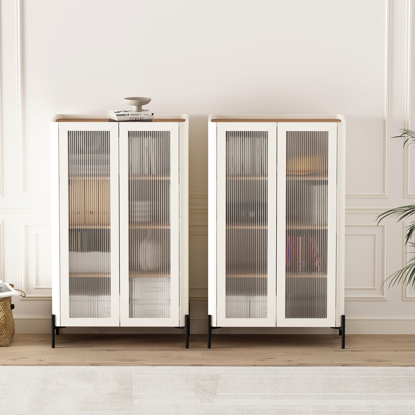 Abbey Modern 32" Tempered Glass Bookcase Cabinet in Maple and Off White (4-Shelf) - Set of 2 2-BC002-OW