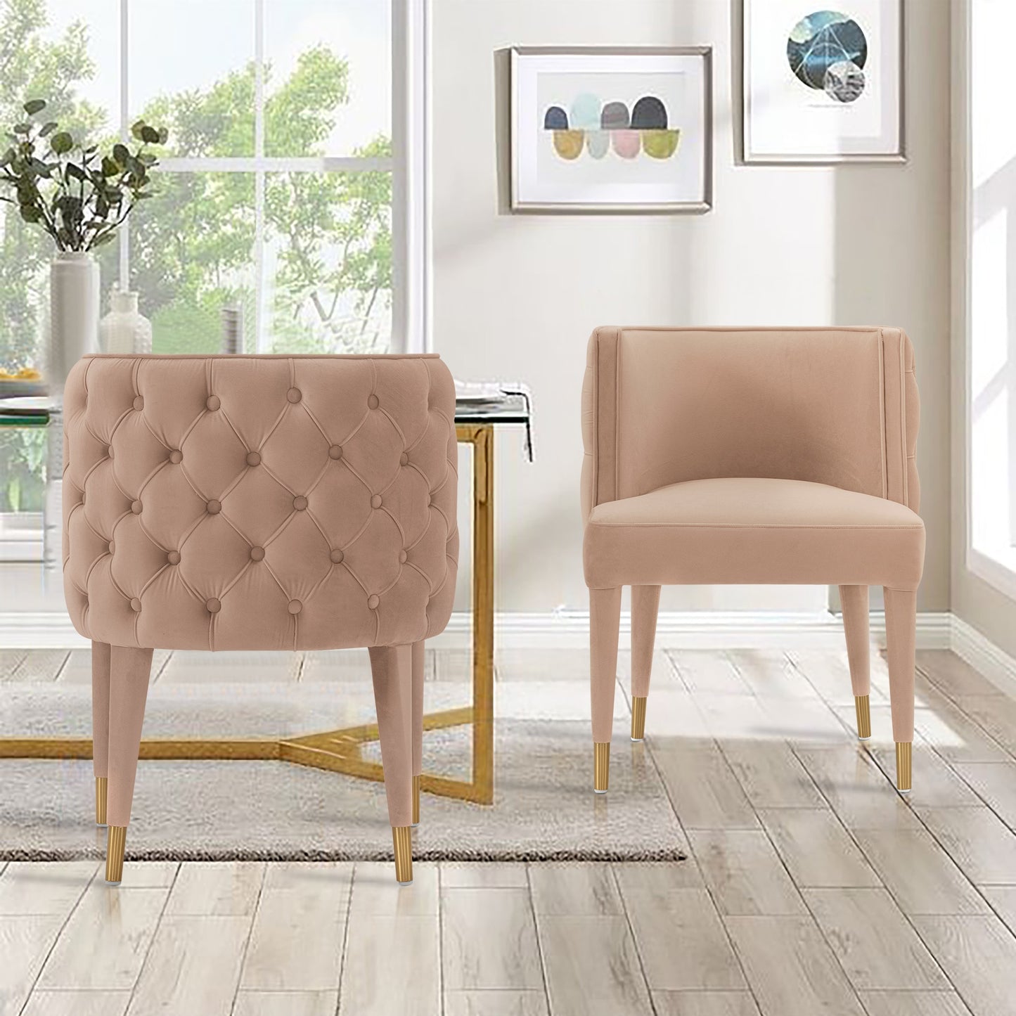 Manhattan Comfort Modern Maya Tufted Velvet Dining Chair in Nude - Set of 2 2-DC079-ND