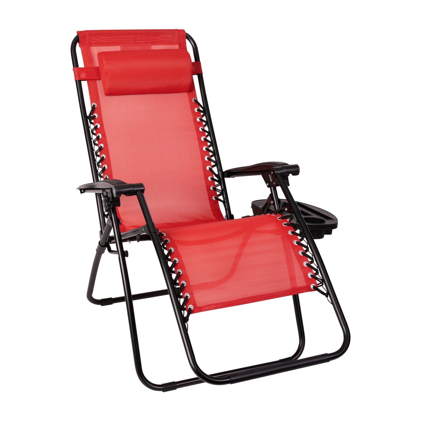 Celestial Adjustable Folding Mesh Zero Gravity Reclining Lounge Chair with Pillow and Cup Holder Tray in Red Red