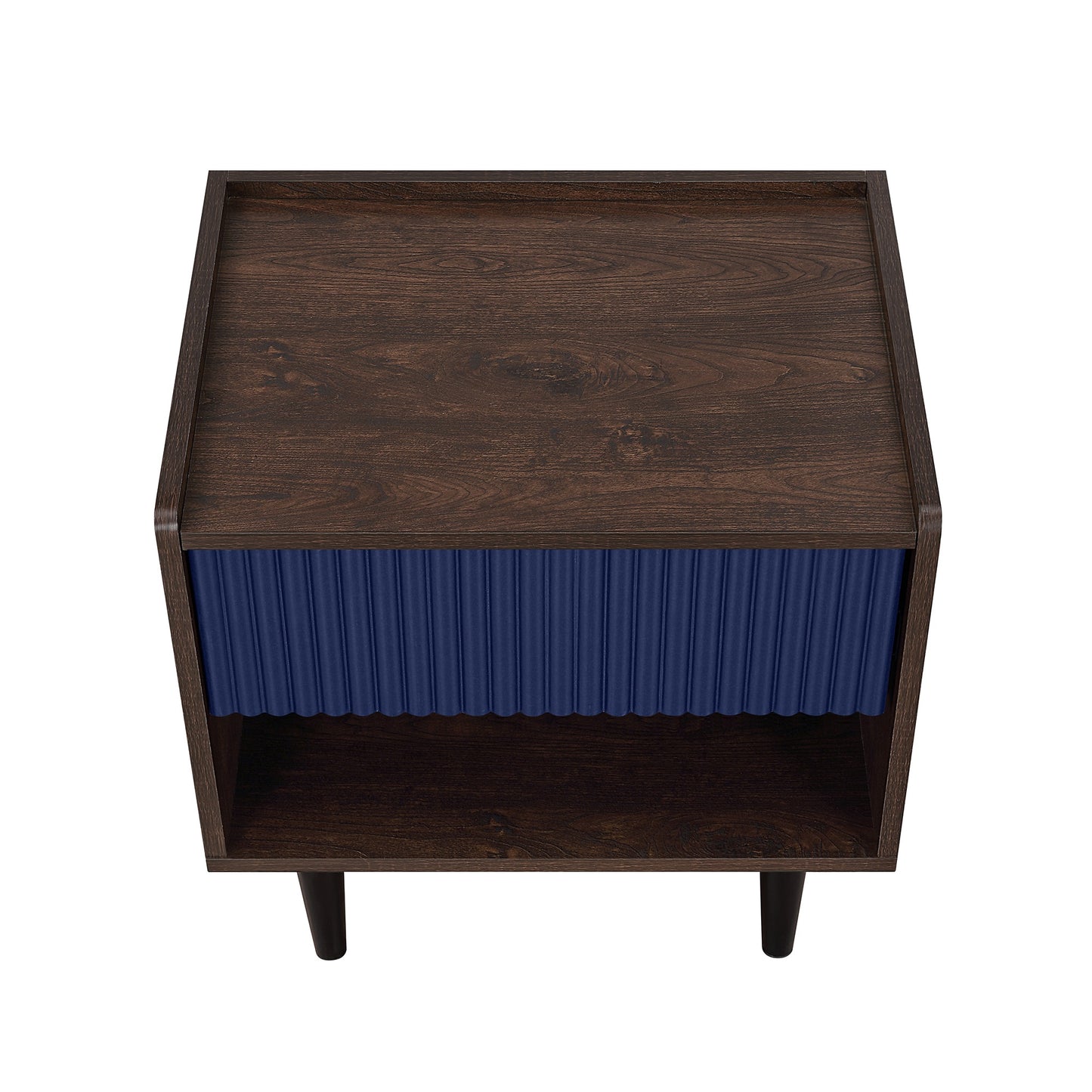 Manhattan Comfort Duane Modern Ribbed Nightstand with Full Extension Drawer in Dark Brown and Navy Blue- Set of 2 2-NS-10GLF-NB