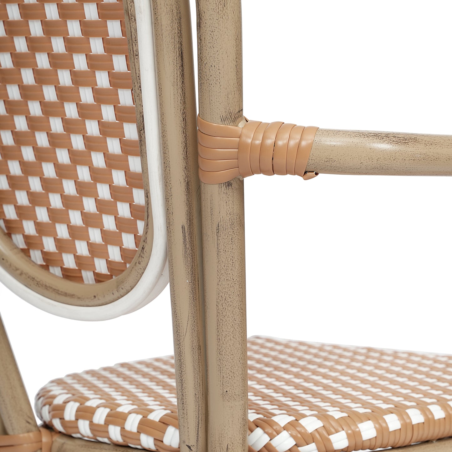 2 Pack Lourdes Indoor/Outdoor Commercial Thonet Bistro Stack Chair with Arms, Natural/White PE Rattan and Bamboo Aluminum Frame in Lt Natural Natural & White/Light Natural Frame 2-SDA-AD642002A-NATWH-LTNAT-GG