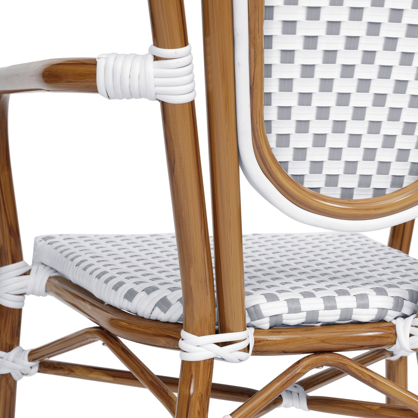 2 Pack Lourdes Indoor/Outdoor Commercial Thonet Bistro Stacking Chair with Arms, White and Gray PE Rattan and Bamboo Aluminum Frame in Natural White & Gray/Natural Frame