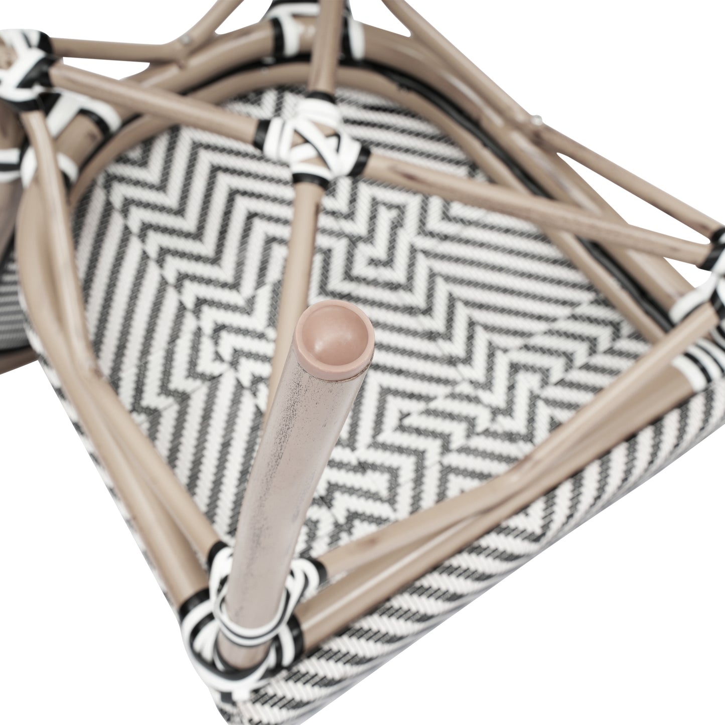 2 Pack Marseille Indoor/Outdoor Commercial Thonet Bistro Stacking Chair, Black/White Textilene and Bamboo Print Aluminum Frame in LT Natural Black & White/Light Natural Frame 2-SDA-AD642002S-TXT-BLKWH-LTNAT-GG