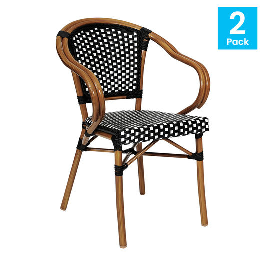 2 Pack Bordeaux Indoor/Outdoor Commercial Bistro Stacking Chair with Arms, Black and White PE Rattan and Bamboo Print Aluminum Frame in Natural Black & White/Natural Frame 2-SDA-ADS642142-BKWH-NAT-GG
