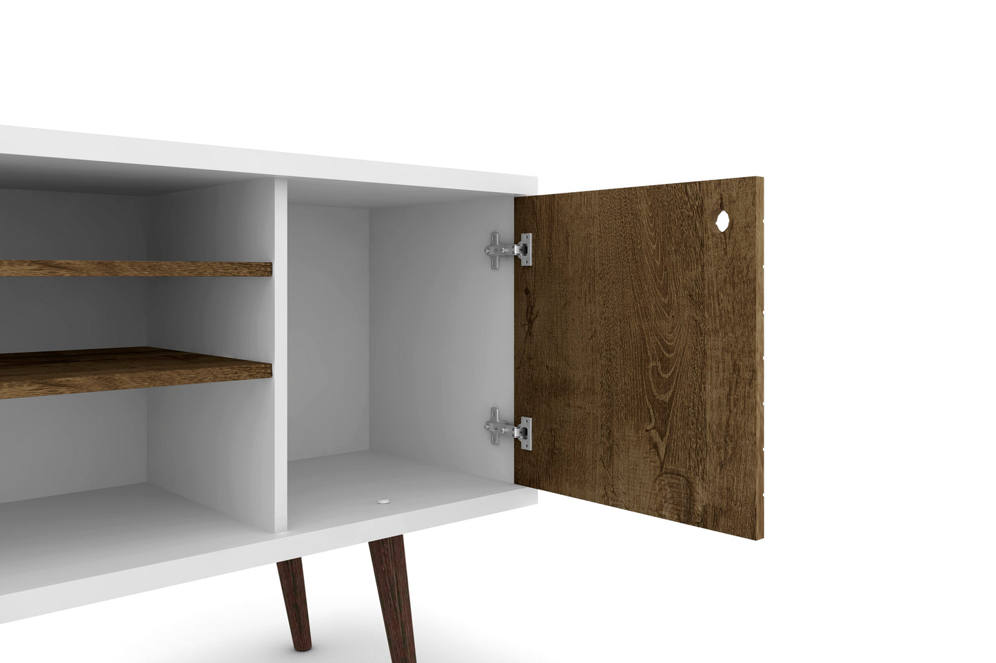 Manhattan Comfort Liberty 53.14" Mid-Century Modern TV Stand with 5 Shelves and 1 Door in White and Rustic Brown with Solid Wood Legs 200AMC69