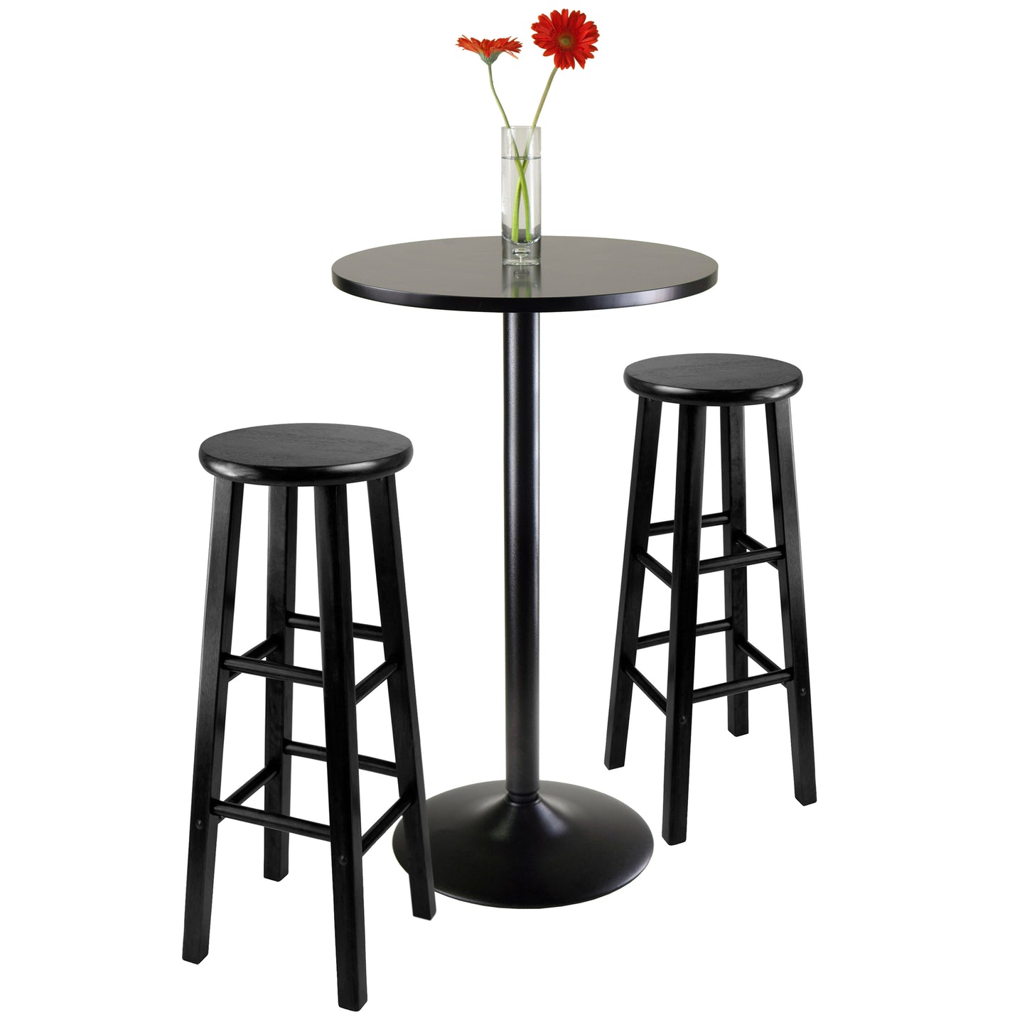 Obsidian 3-Pc Round Pub Table and Round Seat Bar Stools, Black