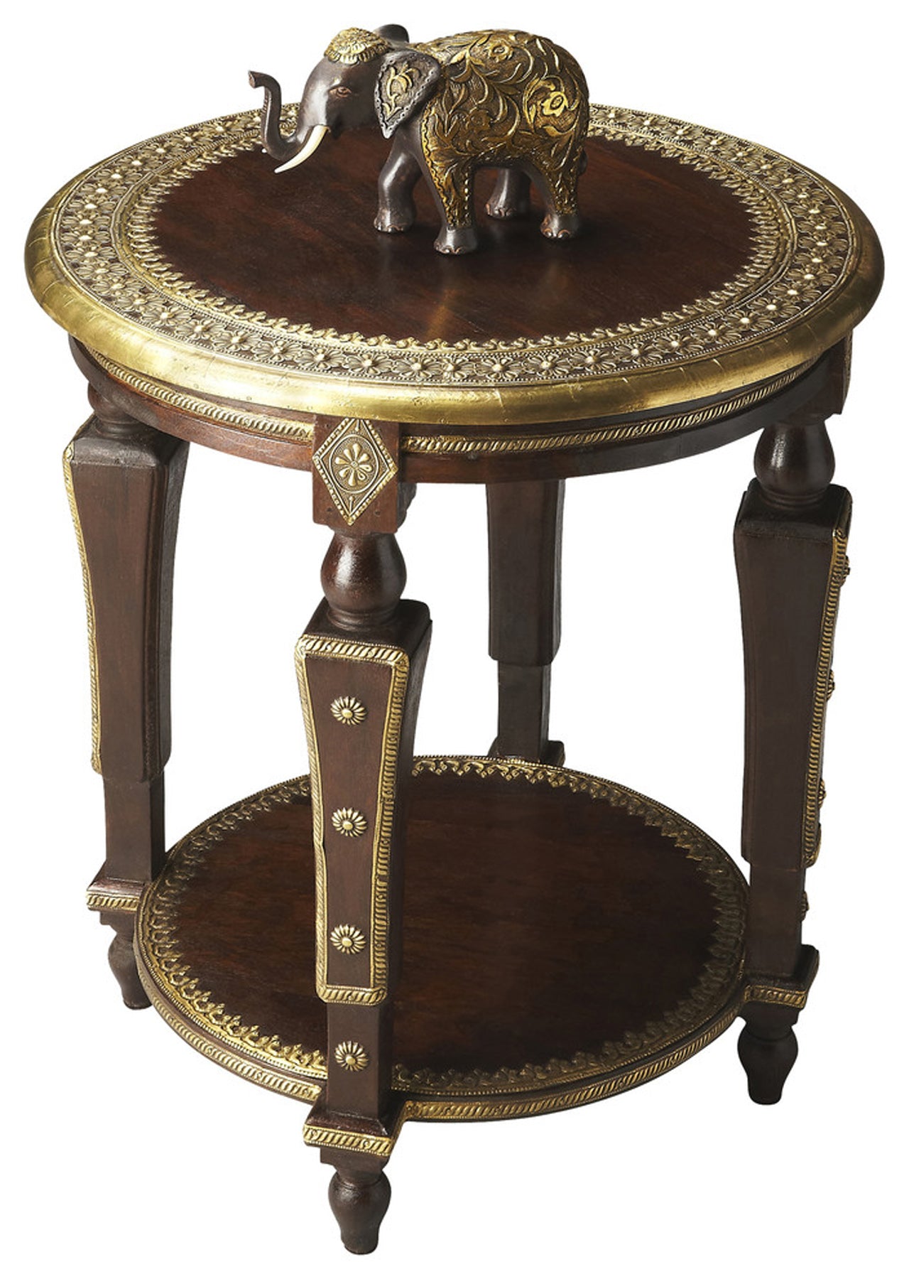 Butler Specialty Company Ranthore 20 in. W Round Wood and Brass Foil Decorative Side Table with Lower Open Shelf, Dark Brown