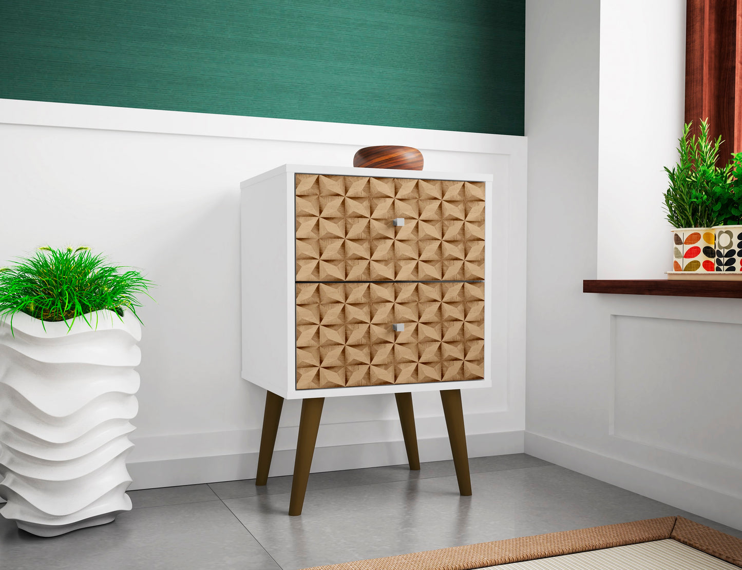 Manhattan Comfort Liberty Mid-Century Modern Nightstand 2.0 with 2 Full Extension Drawers in White and 3D Brown Prints 204AMC67