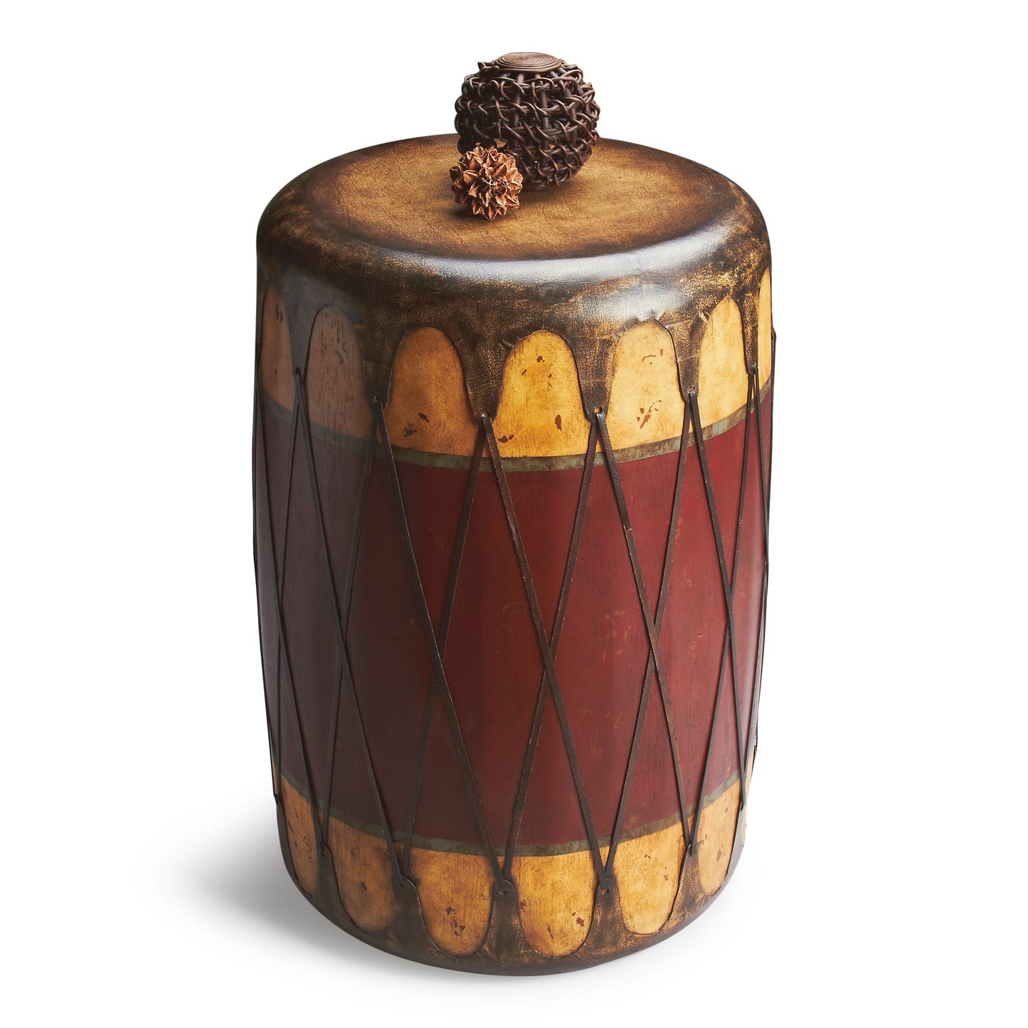Butler Specialty Company Navajo 18 in. W Round Leather and Wood Drum Side Table, Multi-Color