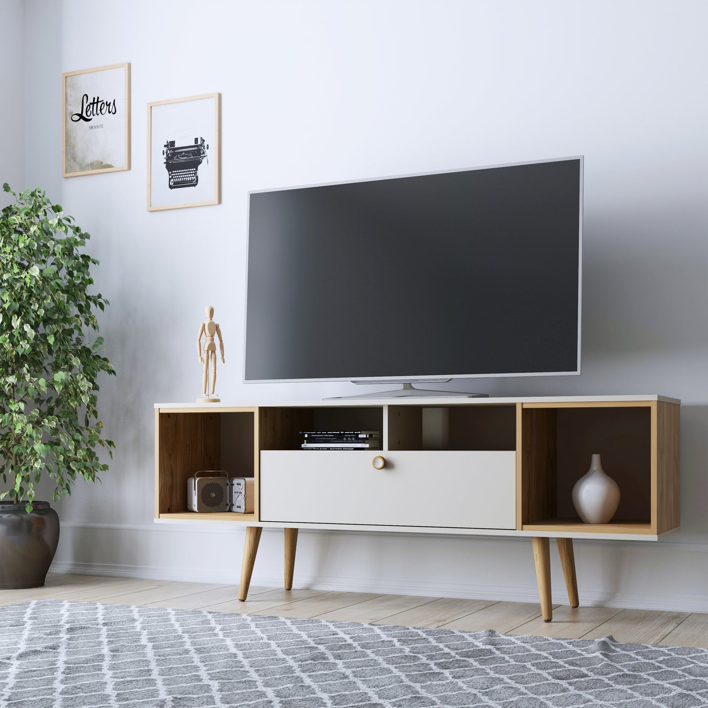 Manhattan Comfort Theodore 62.99 TV Stand with 6 Shelves in Off White and Cinnamon 222551