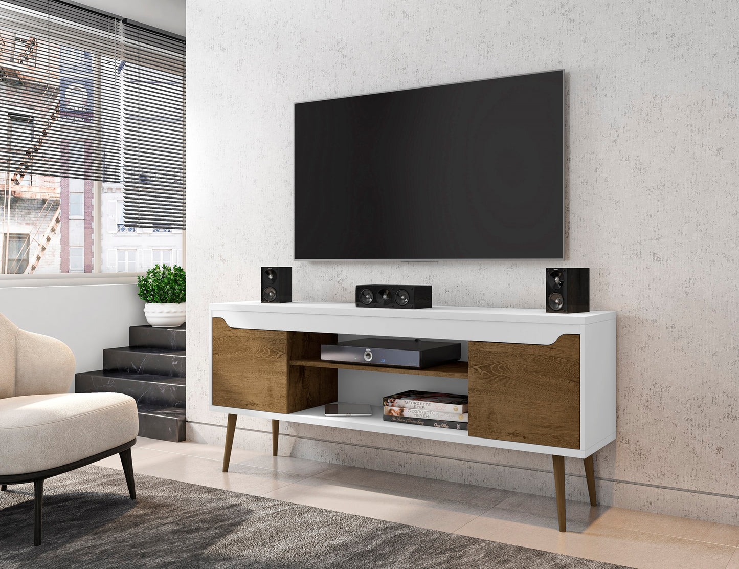 Manhattan Comfort Bradley 62.99 TV Stand White and Rustic Brown with 2 Media Shelves and 2 Storage Shelves in White and Rustic Brown with Solid Wood Legs 228BMC69