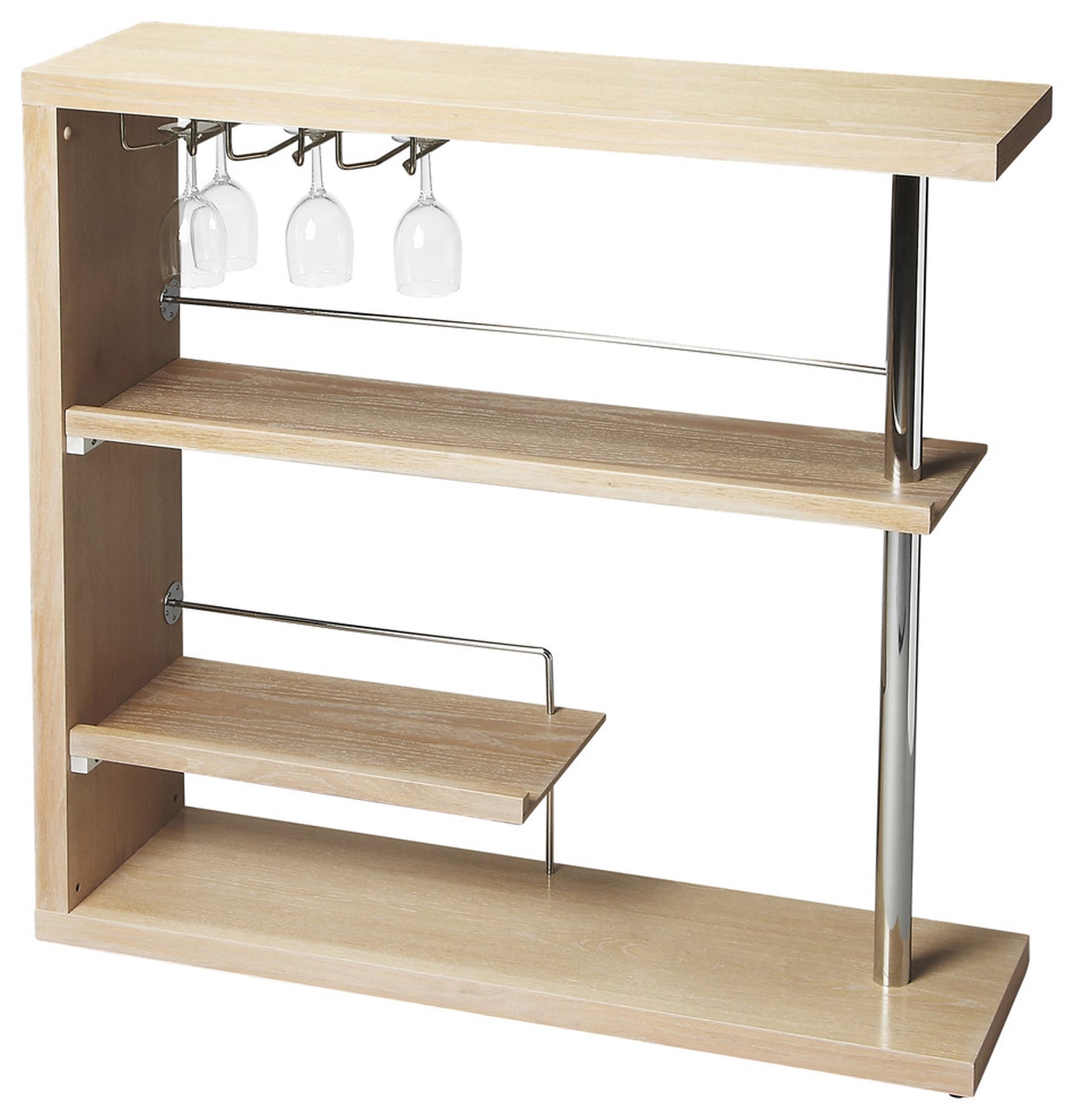 Butler Specialty Company Broadway 40 in. W Rectangular Wood and Metal 4 Tier Modern Open Bar Cabinet with Glass Holders, Light Brown