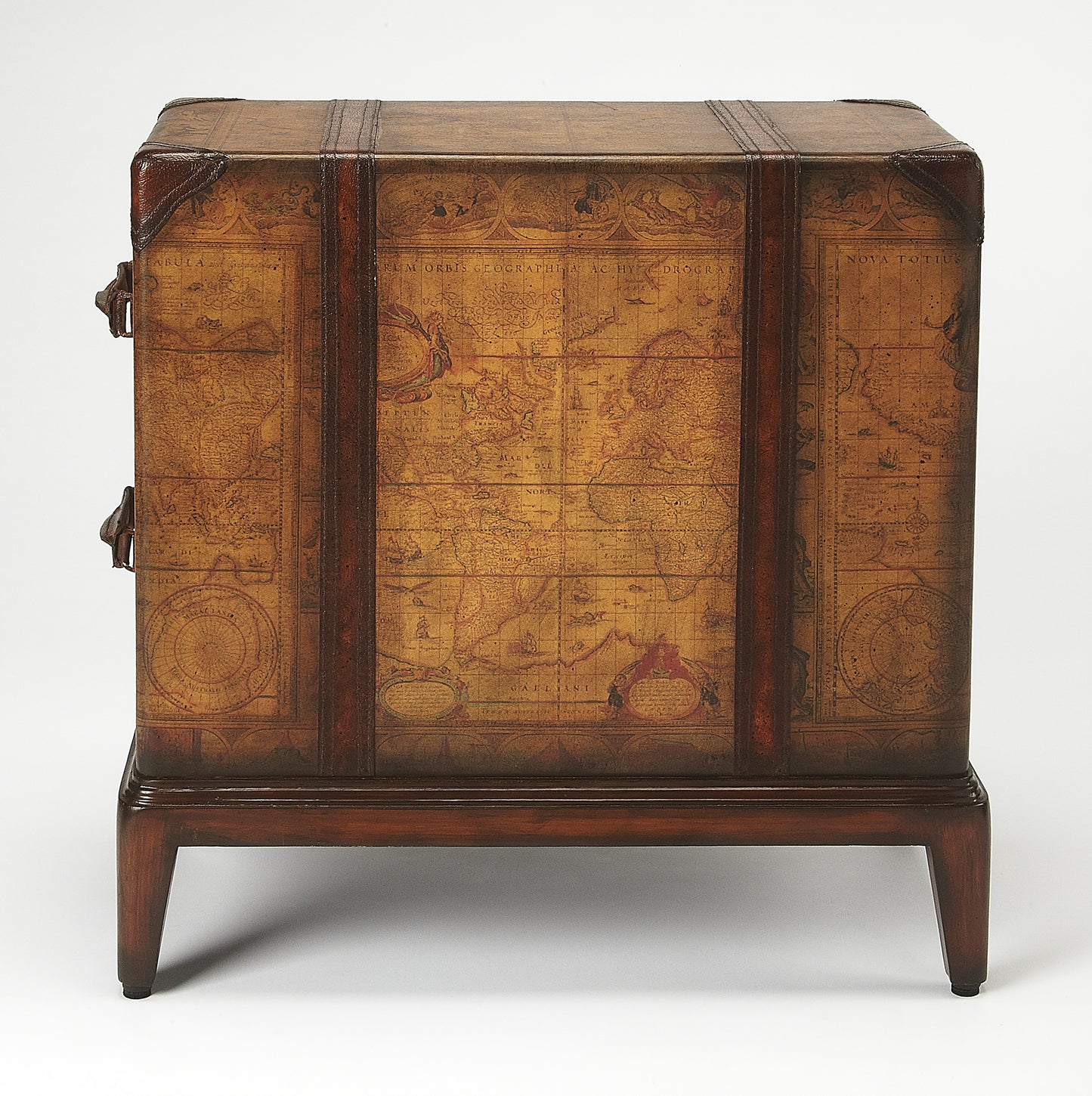 Butler Specialty Company Vasco 13 in. W Rectangular Wood Old World Map 2 Drawer Side Table, Medium Brown