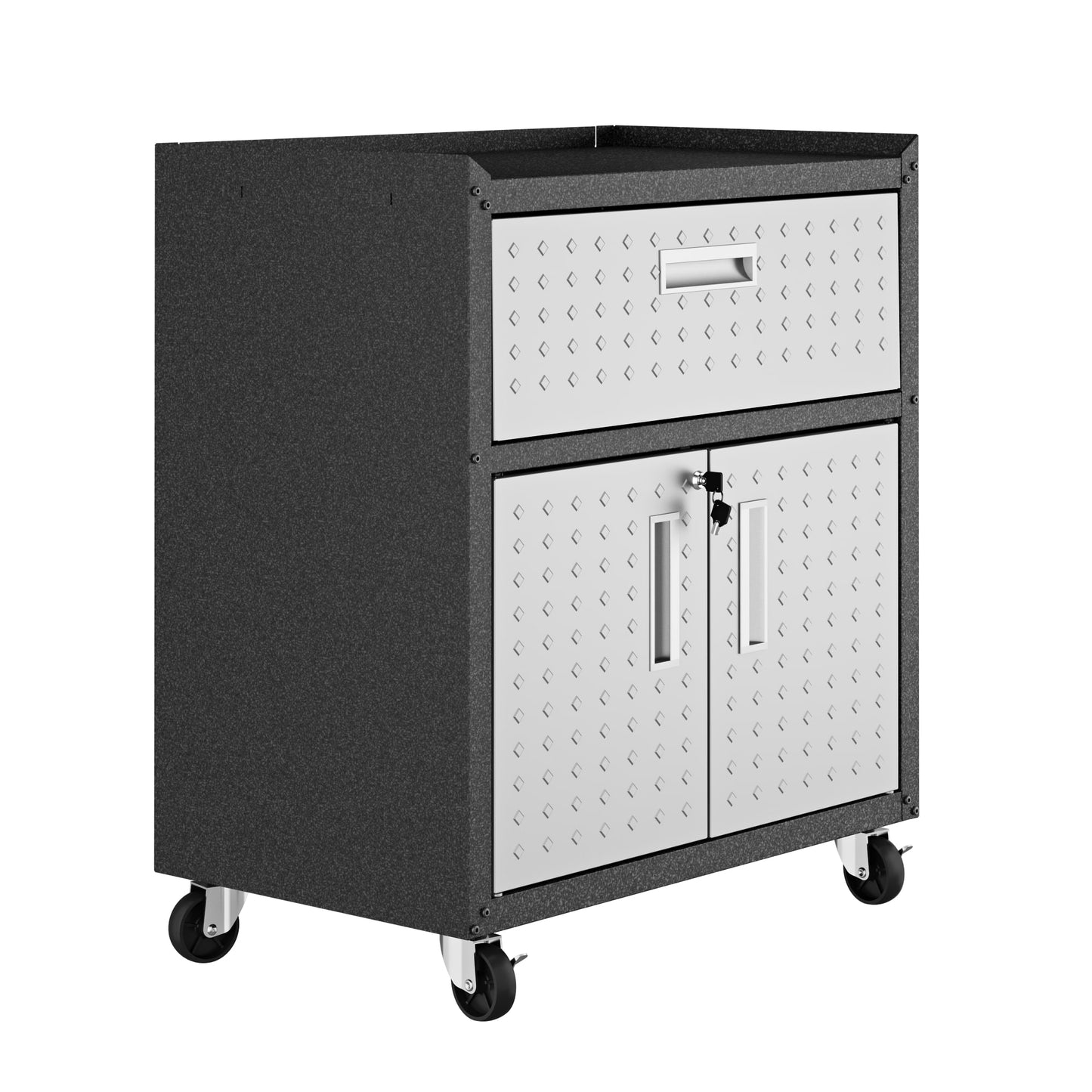 Manhattan Comfort Fortress Textured Metal 31.5" Garage Mobile Cabinet with 1 Full Extension Drawer and 2 Adjustable Shelves in Grey 2GMCC