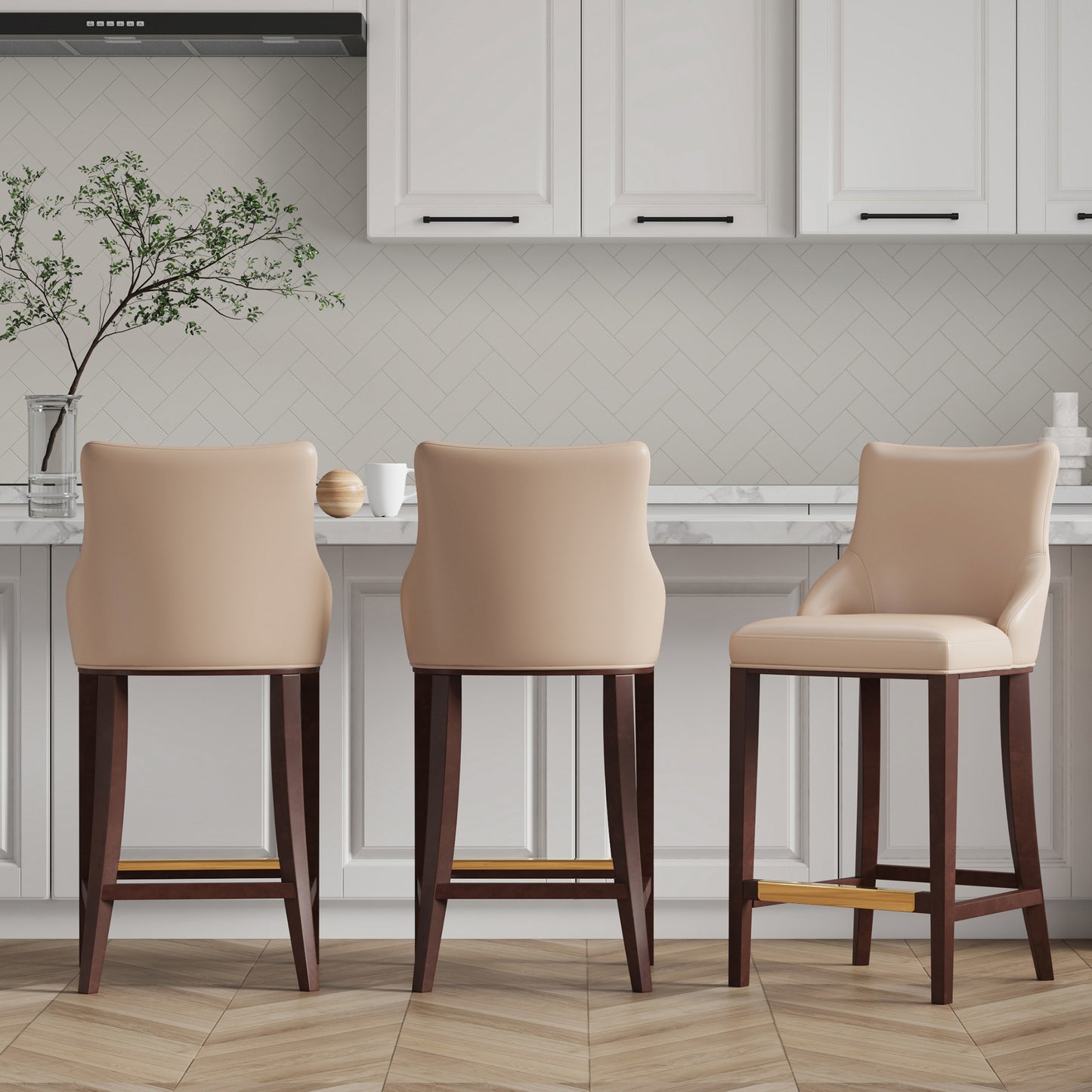 Manhattan Comfort Modern Shubert Barstool Upholstered in Tan Leatherette with Beech Wood Legs - Set of 3 3-BS019-TN