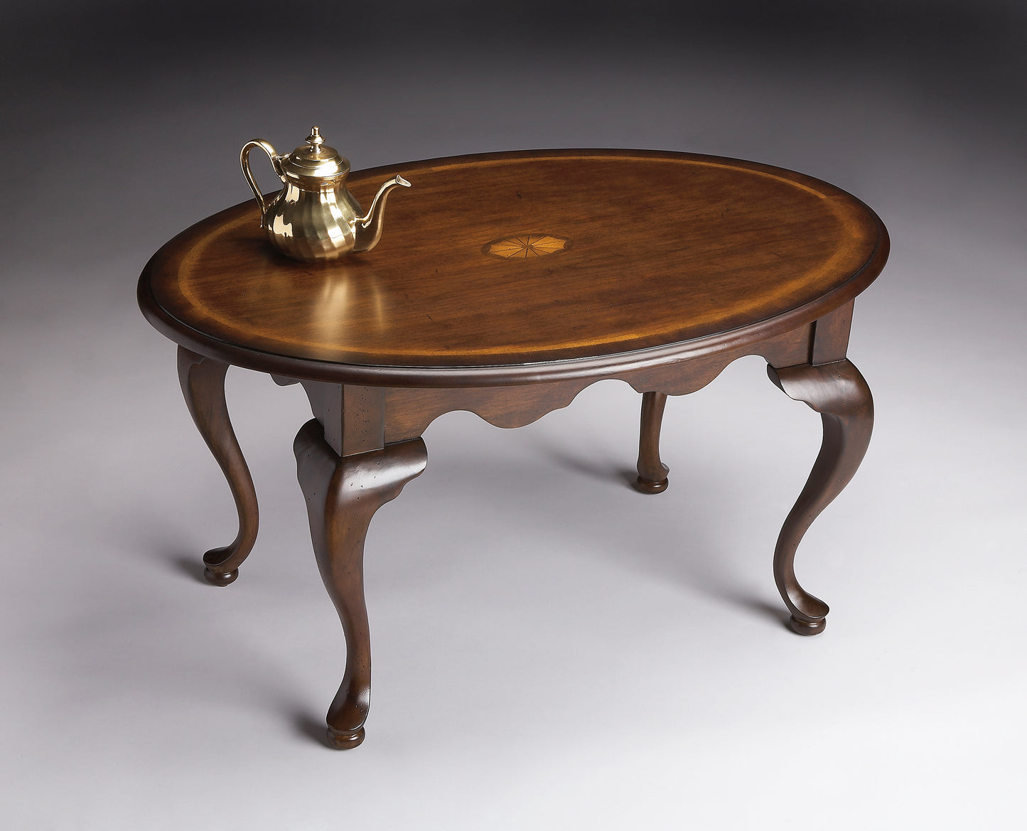 Butler Specialty Company Grace 38 in. W Oval Wood Traditional Queen Anne Coffee Table, Dark Brown
