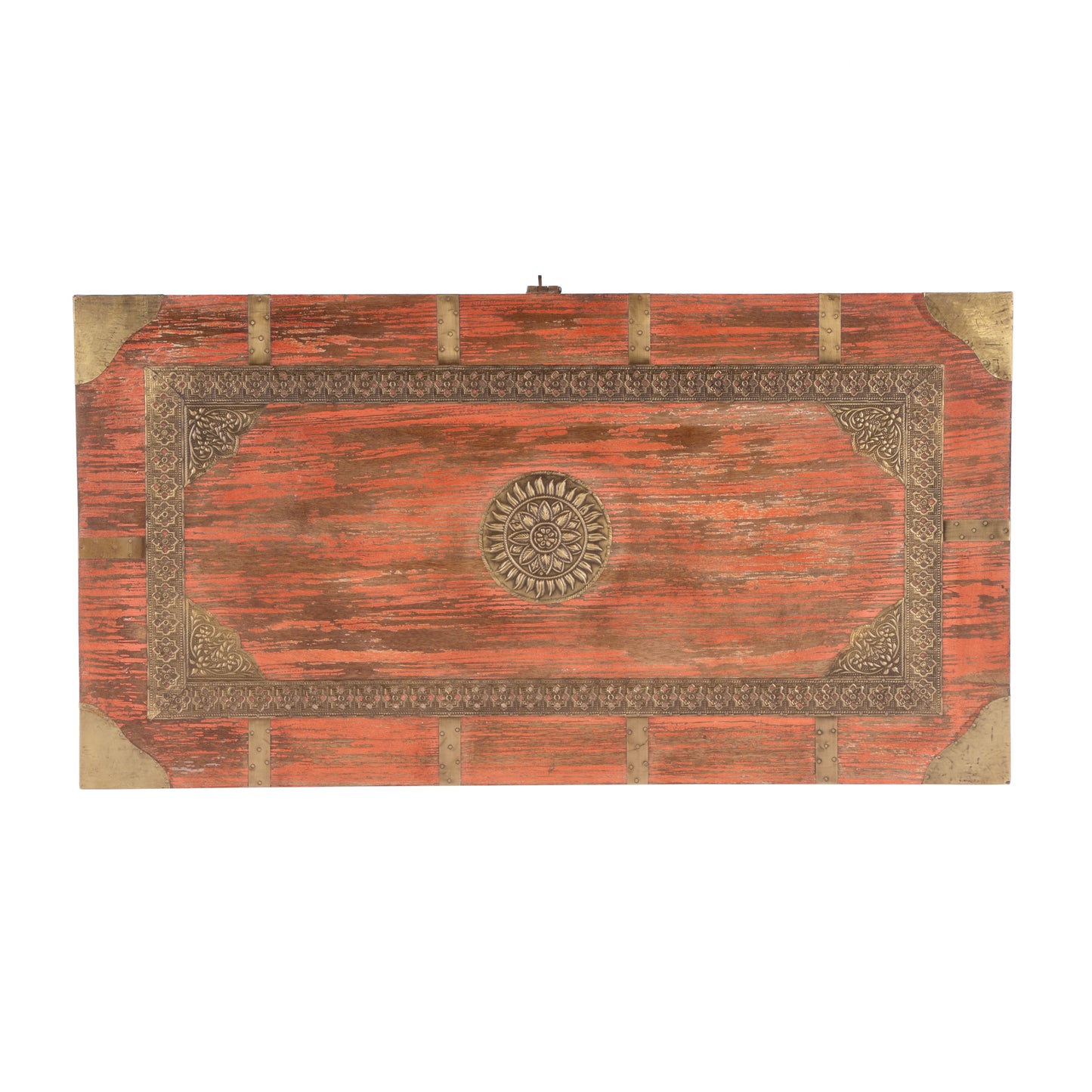 Butler Specialty Company Nador 32 in. W Rectangular Hand-Painted Brass Inlay Storage Trunk Coffee Table, Pink