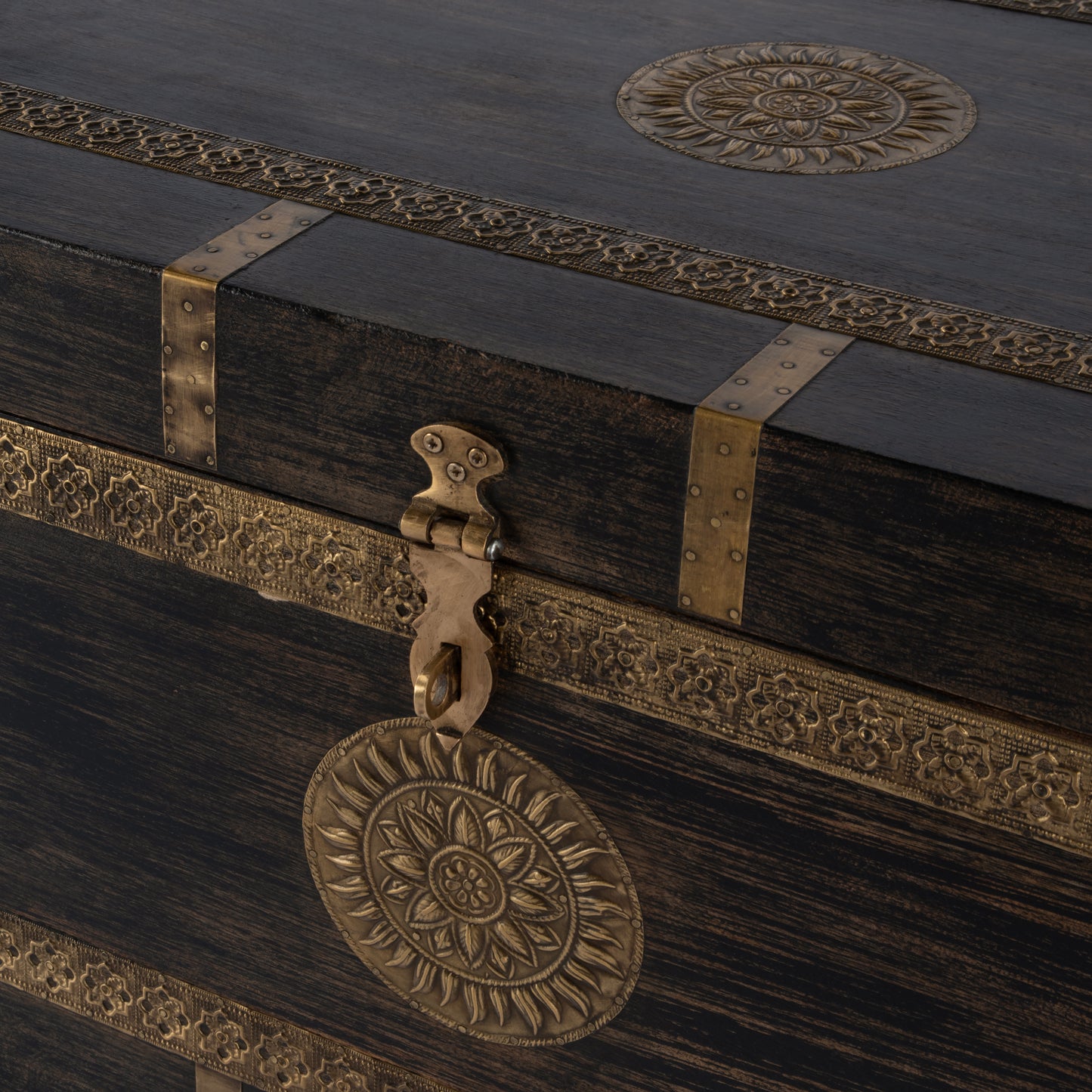 Nador Hand-Painted Brass Inlay Storage Trunk Coffee Table in Brown 3365451