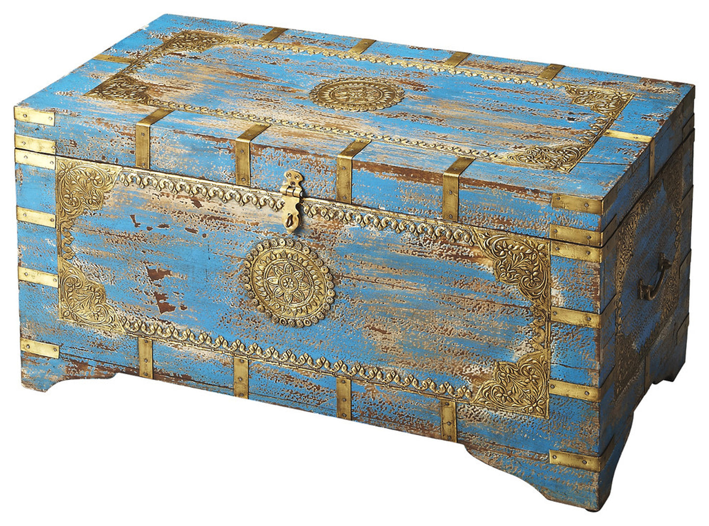 Butler Specialty Company Neela 31.5 in. W Rectangular Painted Brass Inlay Storage Trunk, Blue