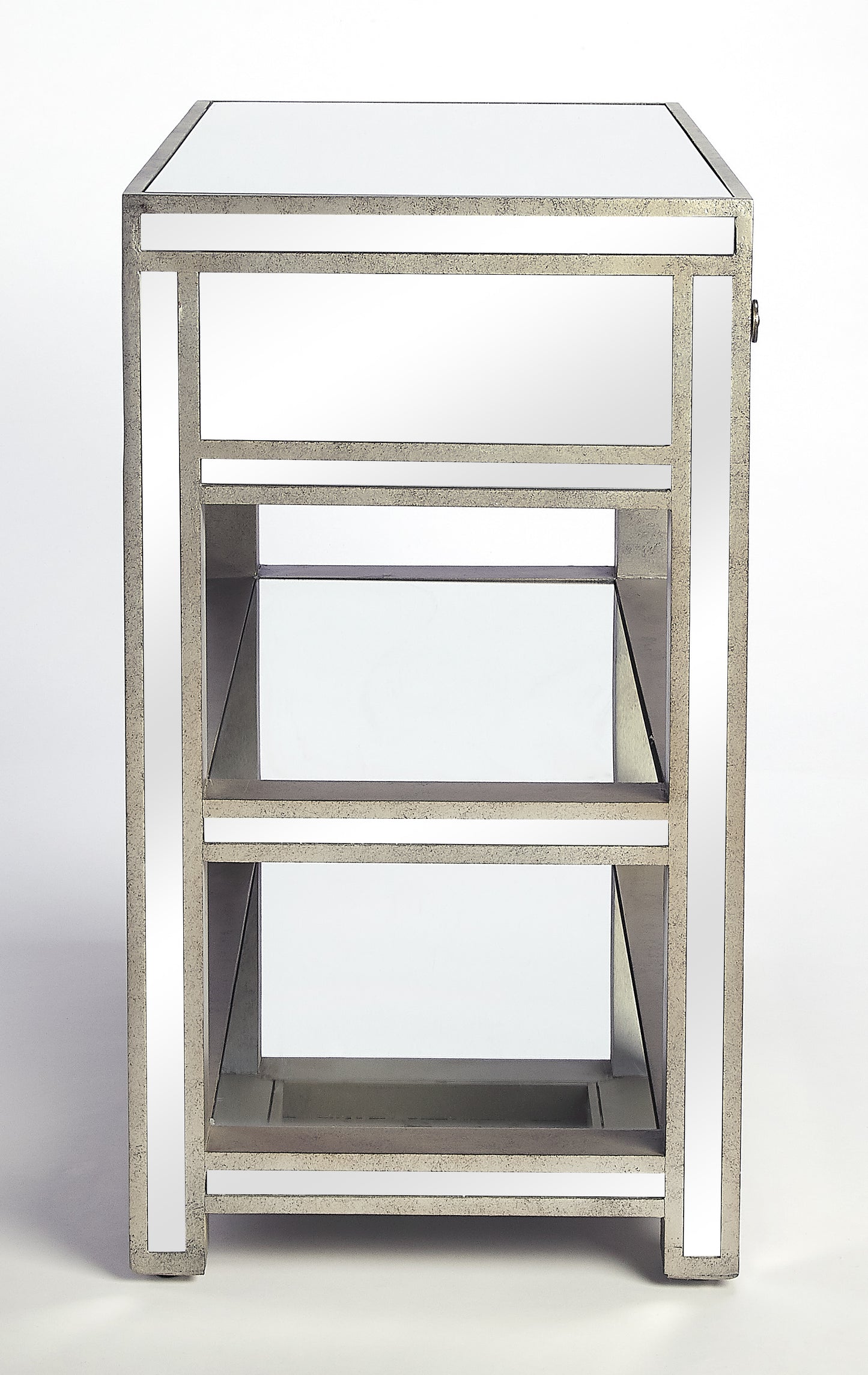 Butler Specialty Company Miranda 30 in. W Rectangular Mirrored 1 Drawer Console Table with 2 Open Shelves, Gold, Silver