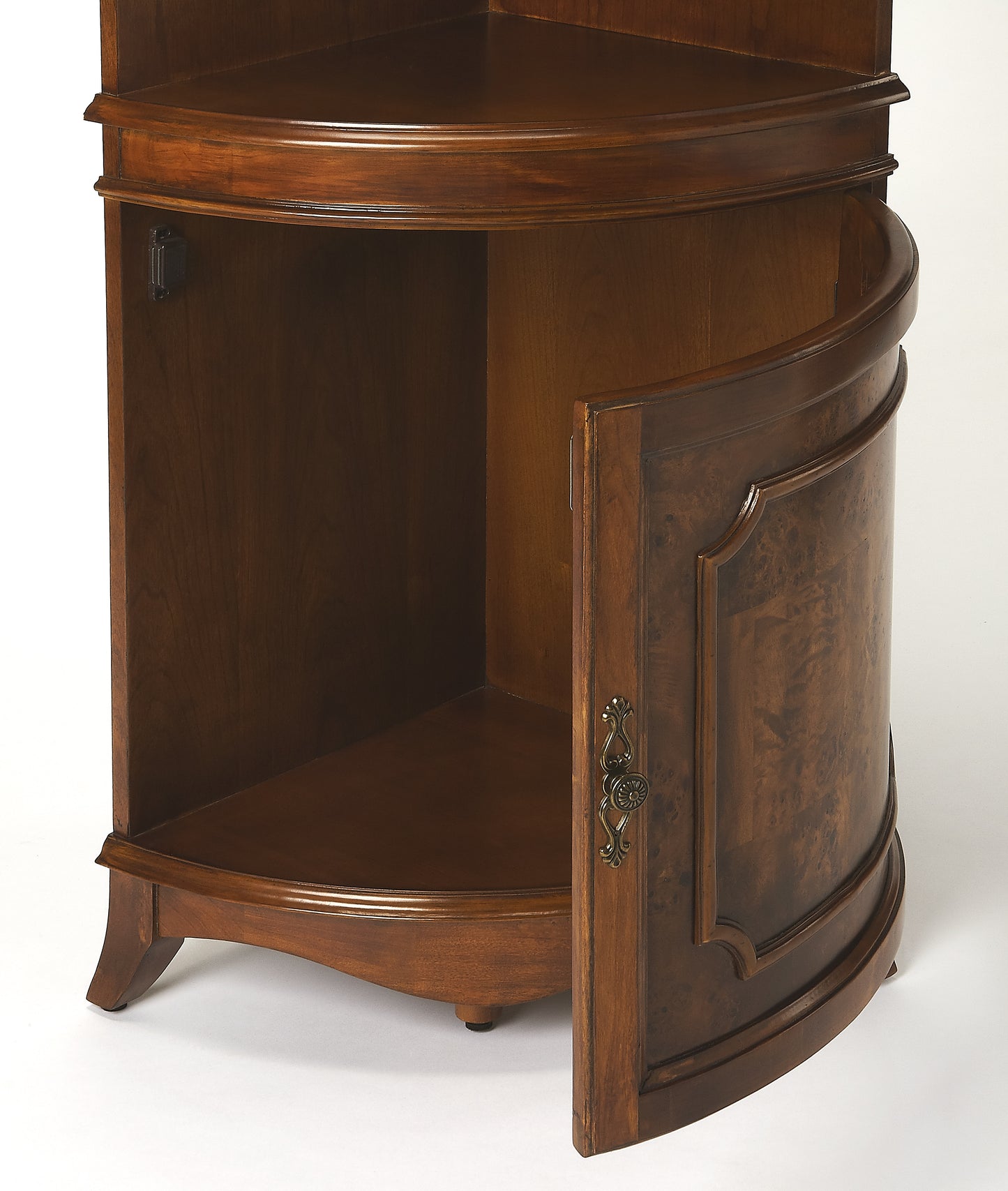 Butler Specialty Company Dowling 24 in. W x 73 in. H Quarter Round Wood Corner Cabinet with 3 Open Shelves and 1 Lower Storage Cabinet, Medium Brown