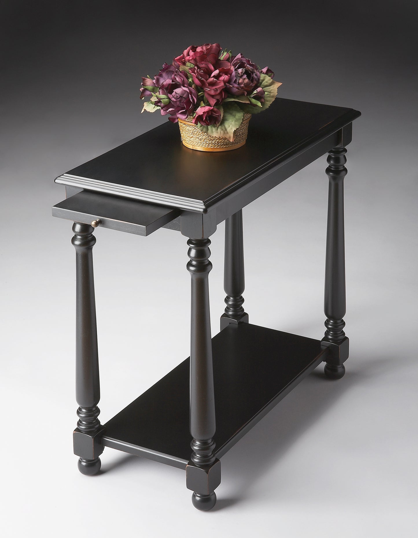 Butler Specialty Company Devane 12 in. W Rectangular Wood Side Table with Pull-Out Tray and Lower Open Shelf, Black