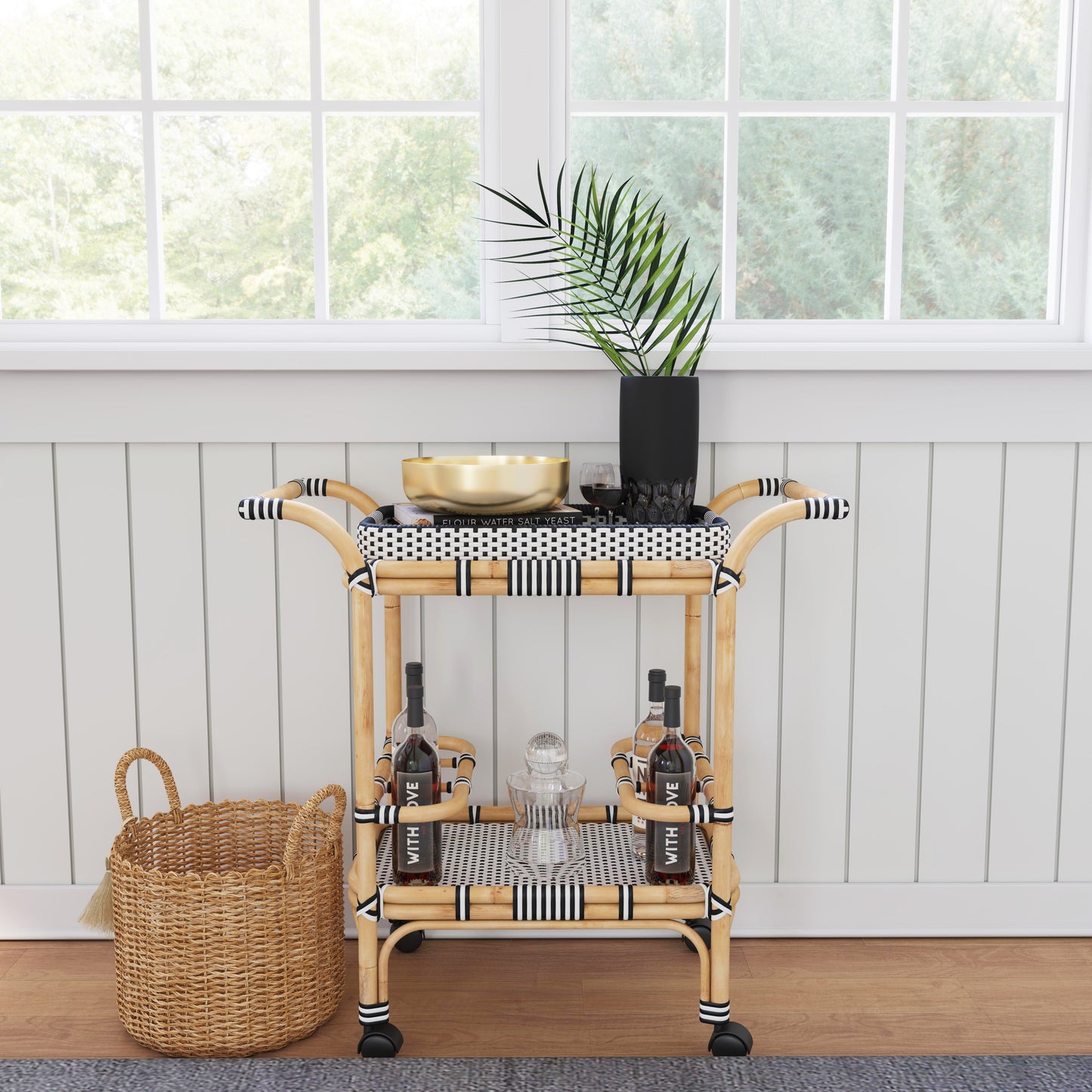 Butler Specialty Company Selena 34.5 in. W Rectangular Rattan 2 Tier Mobile Removeable Top Bar Cart with Bottle Holders, Black and White, Natural