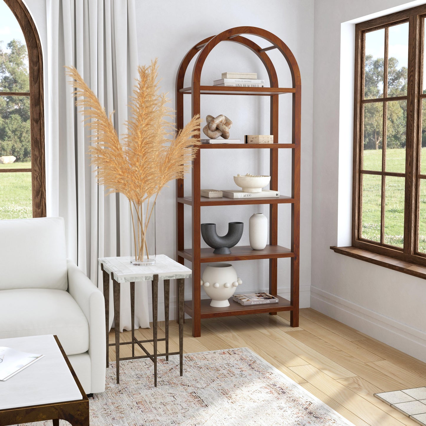 Hanover Arched 5 Tier Etagere Bookcase in Medium Brown 5545188