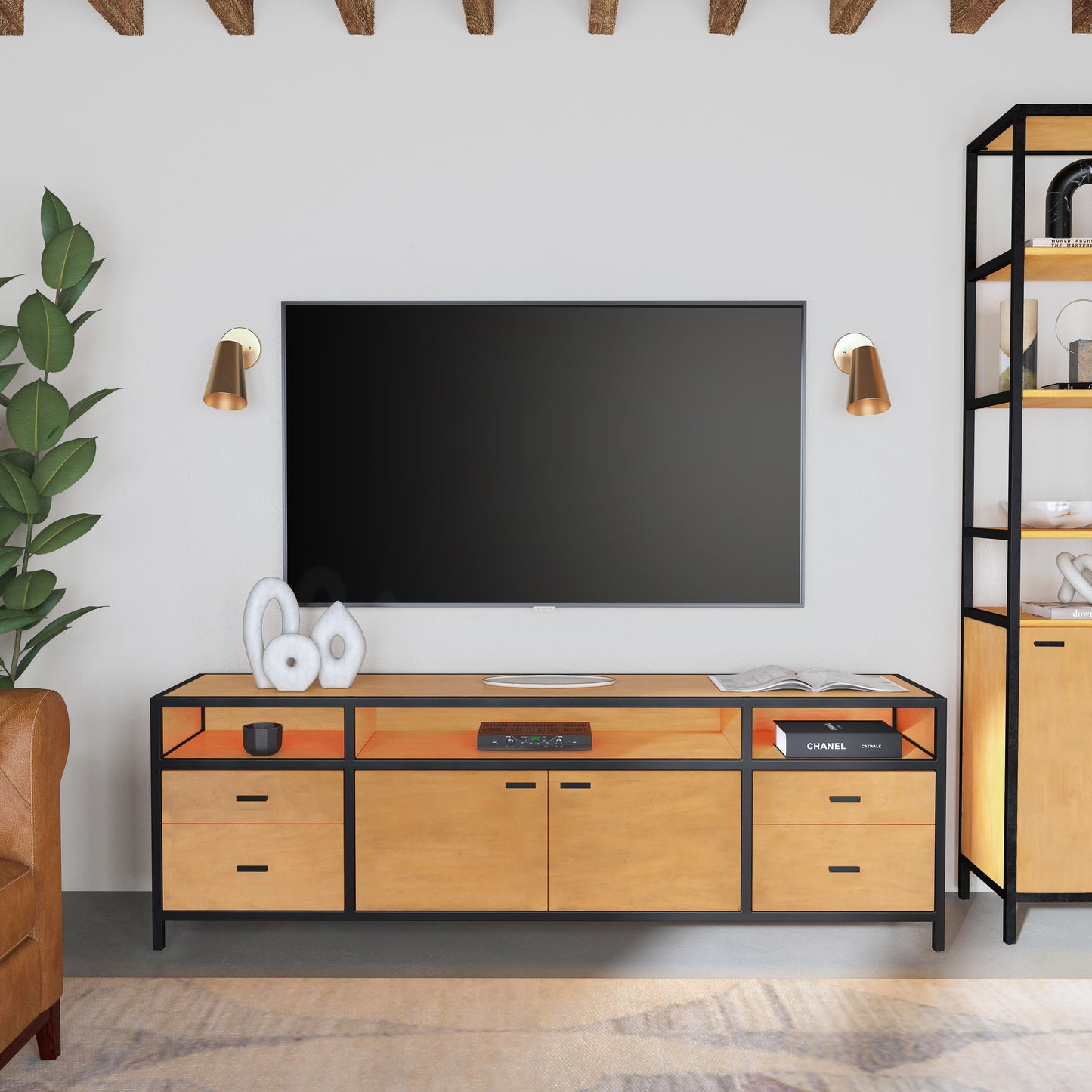 Hans Wood and Iron 78" TV Stand with Storage in Light Brown 5551419