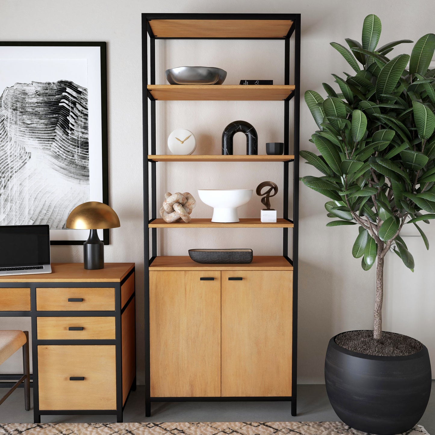 Hans 35.25" W x 84.25"H Open & Closed Etagere Bookcase in Light Brown 5555419