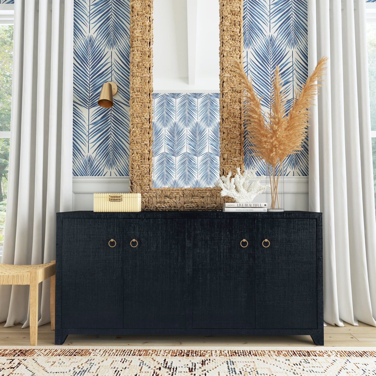 Bar Harbor Raffia 4 Door 70" Sideboard in Navy Blue 5668410