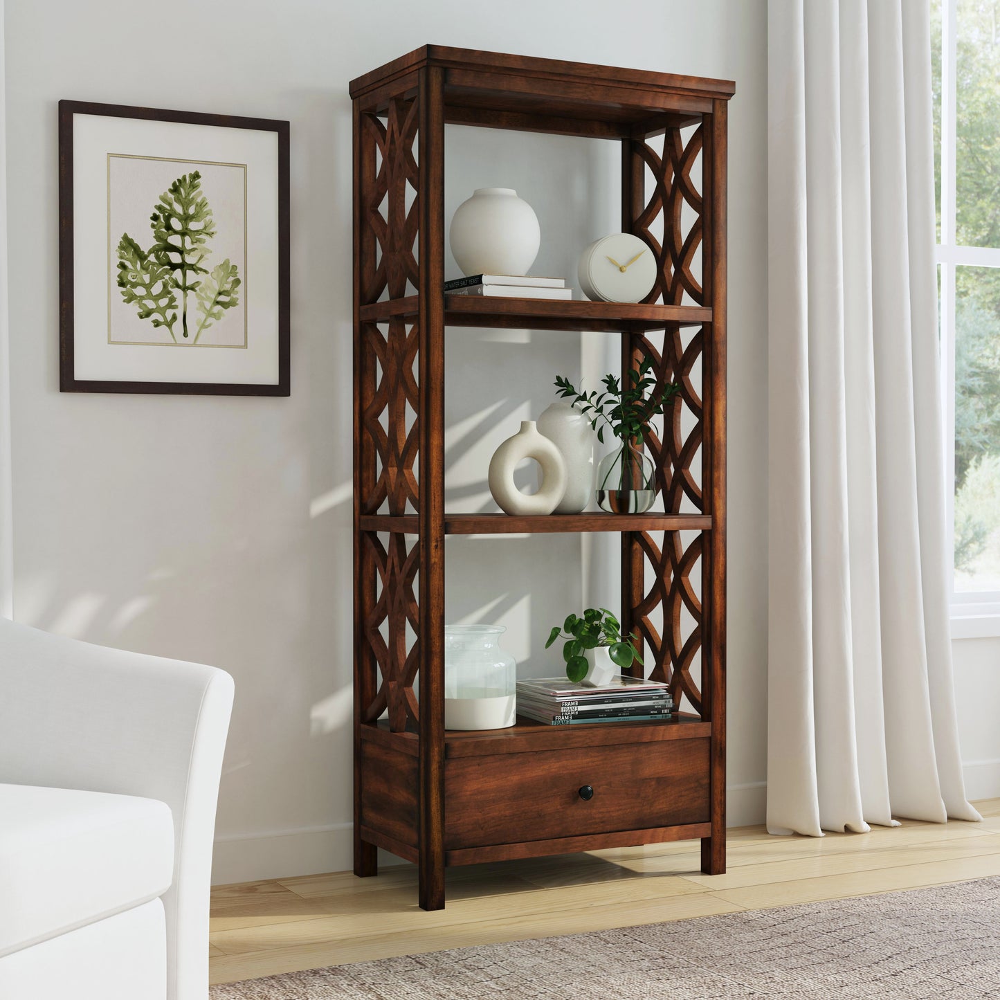 Lorena 30"W 3- Tier Etagere Bookcase with Storage Drawer in Medium Brown 5693011