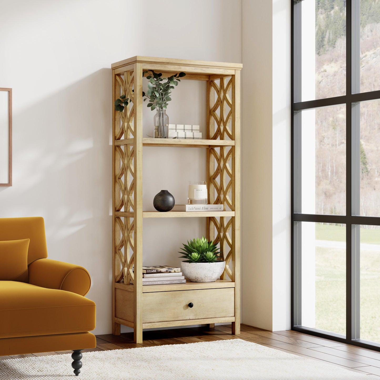 Lorena 30"W 3- Tier Etagere Bookcase with Storage Drawer in Beige 5693424