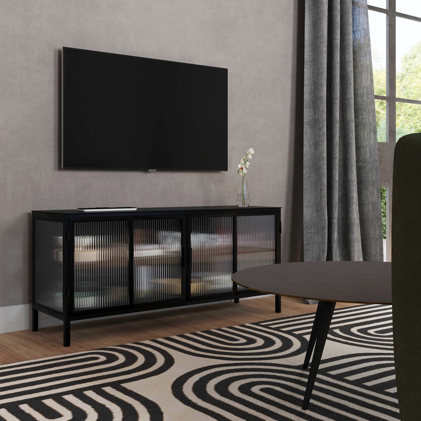 Hoxton Ribbed Glass 2- Door TV Stand in Black 5703025