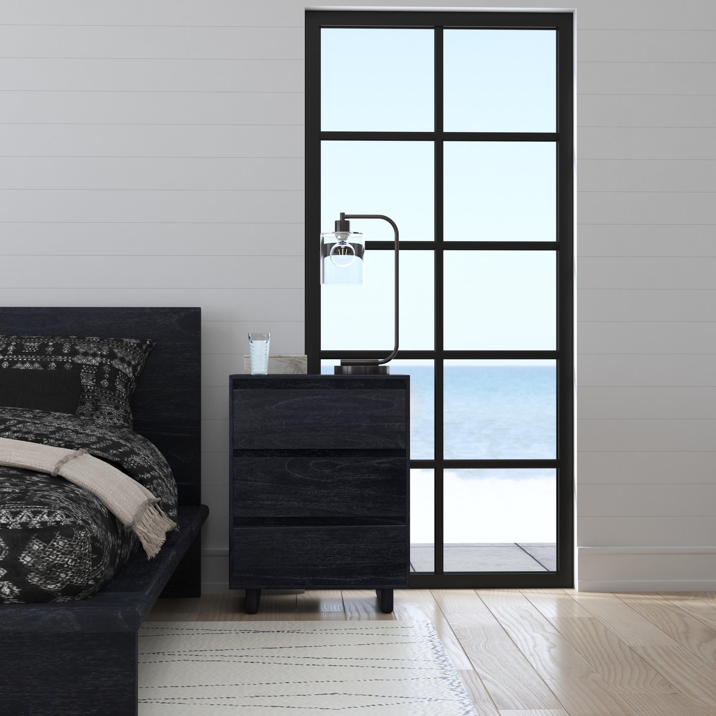 Halmstad Wood Panel 3 Drawer Narrow Nightstand in Black 5767432