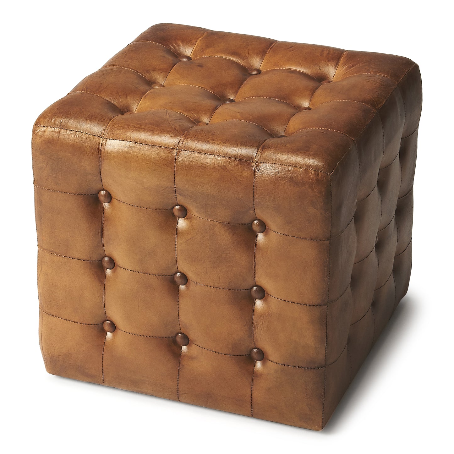 Butler Specialty Company Leon 18 in. Square Button Tufted Leather Cube Ottoman, Medium Brown