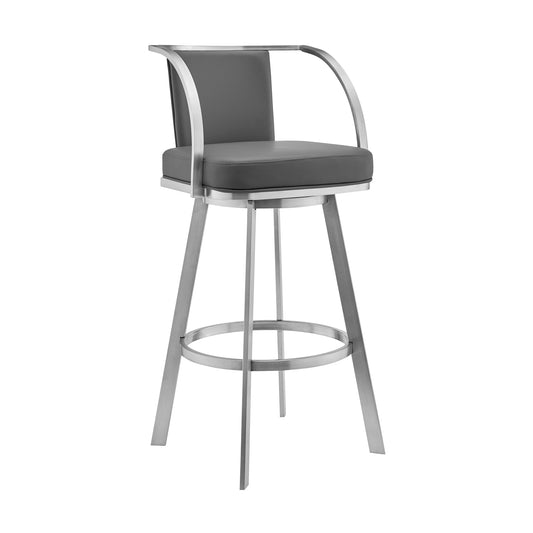 Sandringham 26" Gray Faux Leather and Brushed Stainless Steel Swivel Bar Stool