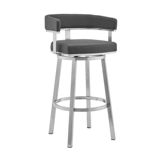 Cohen 26" Gray Faux Leather and Brushed Stainless Steel Swivel Bar Stool