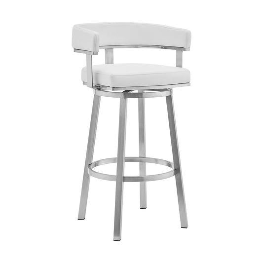 Cohen 26" White Faux Leather and Brushed Stainless Steel Swivel Bar Stool