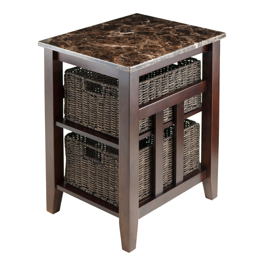 Zoey Accent Table with 2 Foldable Corn Husk Baskets, Faux Marble Top, Chocolate and Walnut