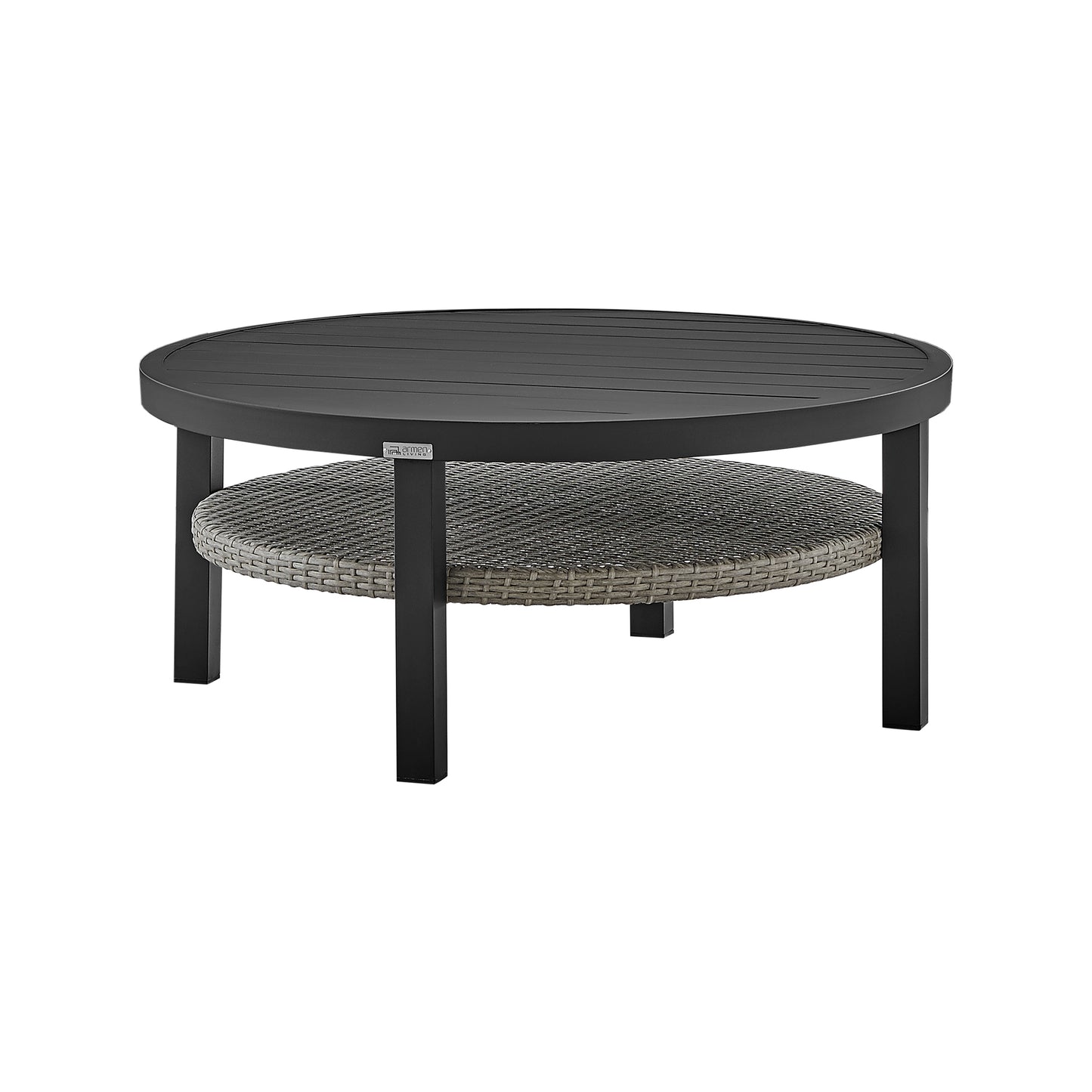 Aileen Outdoor Patio Round Coffee Table in Black Aluminum with Gray Wicker Shelf