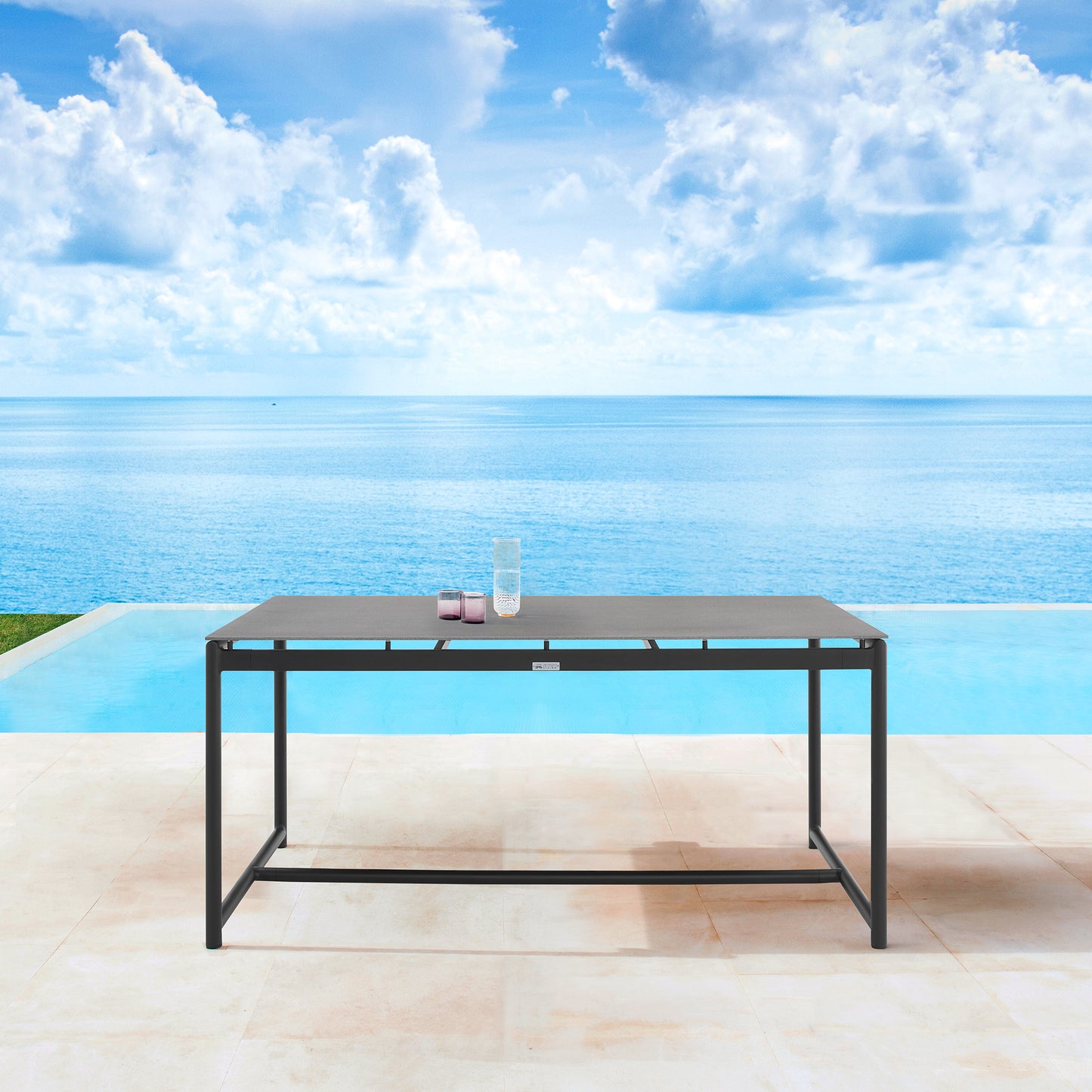 Royal Black Aluminum and Teak Outdoor Dining Table with Stone Top